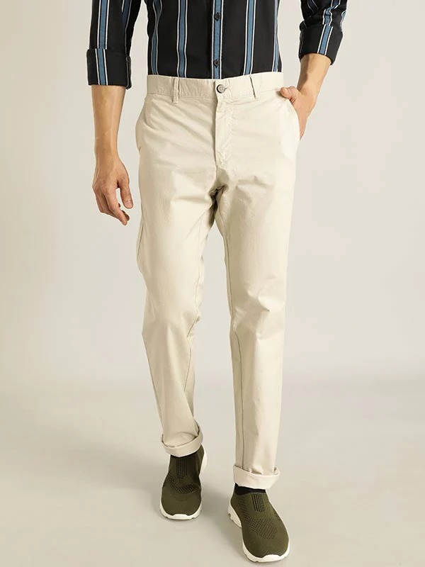 Indian Terrain Men's Slim Fit Self Design Beige Trousers